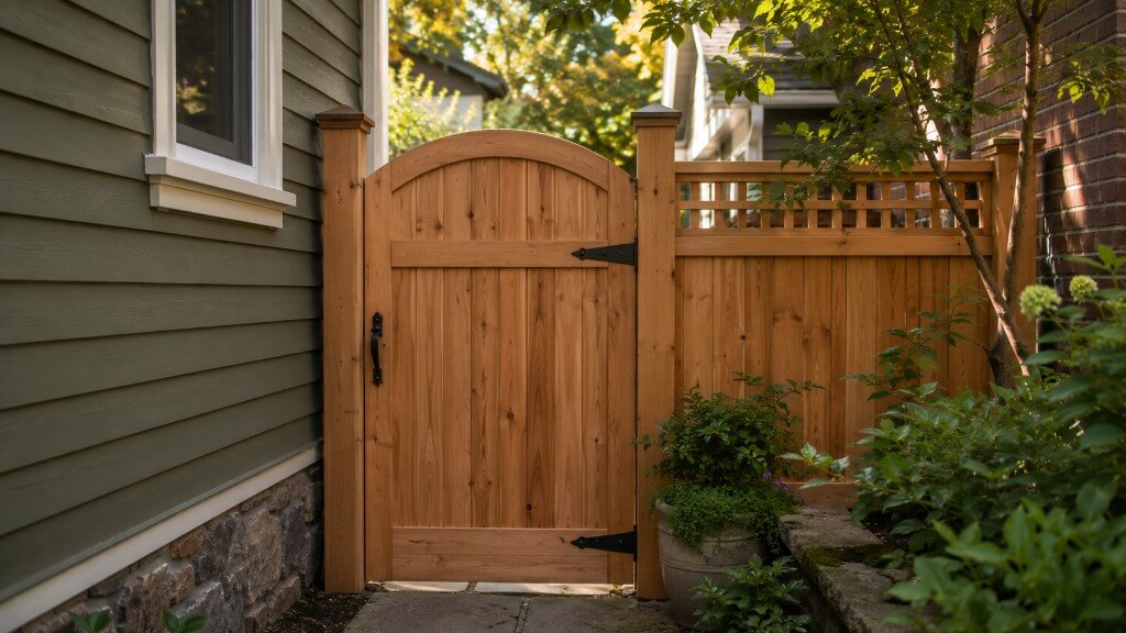 Custom arched wooden garden gate and fence beside sage green siding