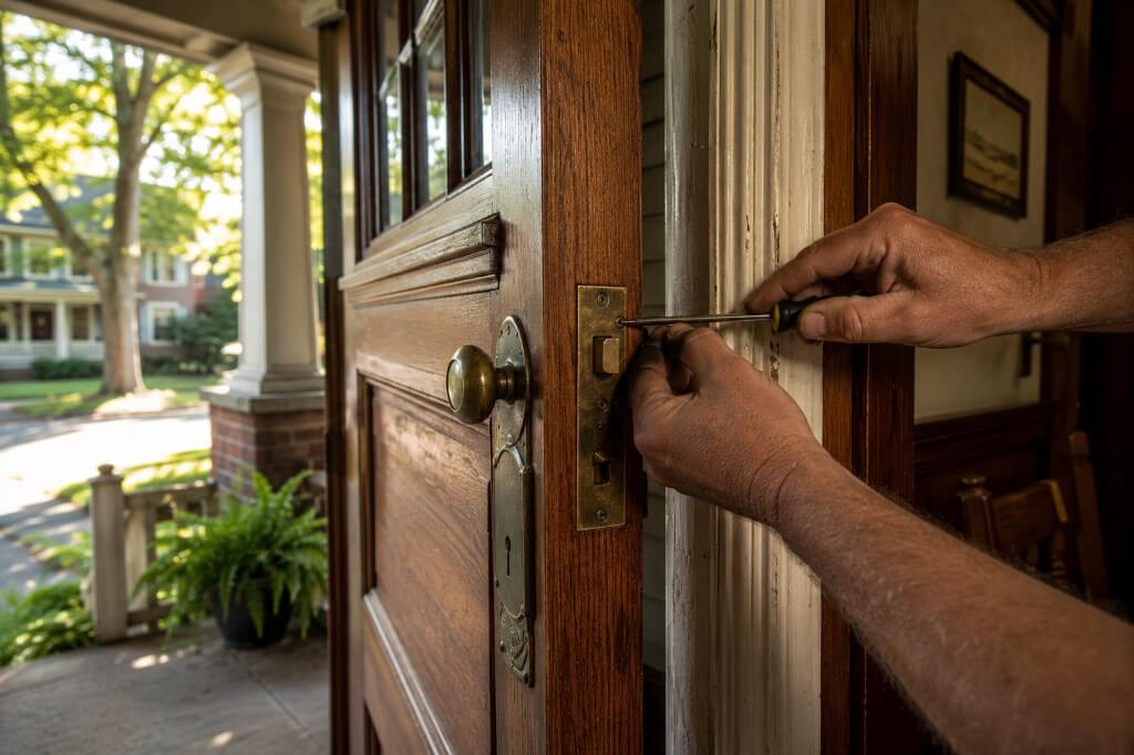 Close-up of hands repairing antique brass hardware on a wood front door
