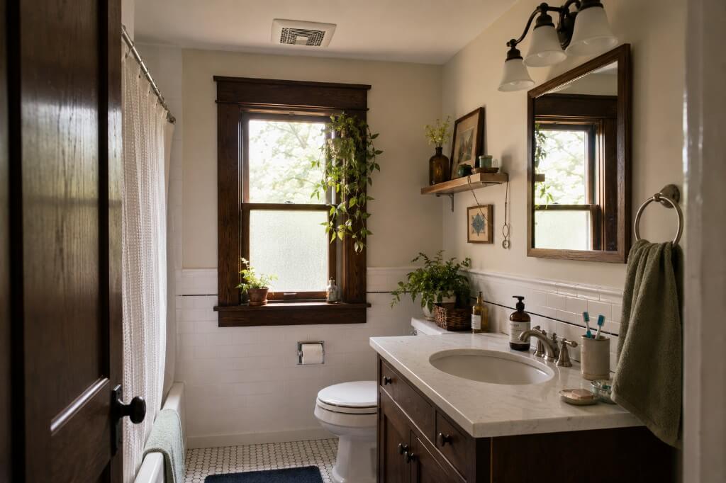 Bathroom with subway tile, dark wood vanity, hex floor tile, and window plant