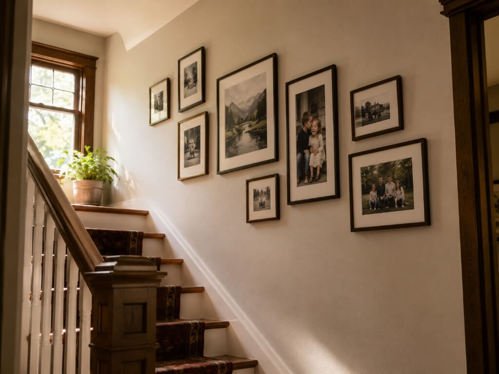 Traditional stairway with patterned runner, wood handrail, and gallery wall of framed family photos